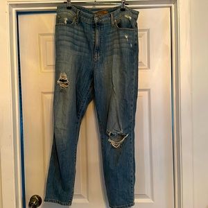 Distressed light wash denim